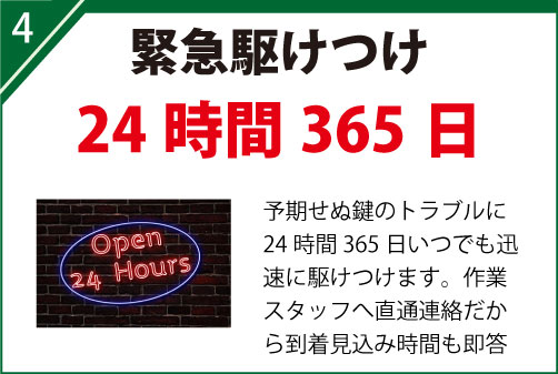 予期せぬ鍵のトラブルに24時間365日いつでも迅速に駆けつけます。作業スタッフへ直通連絡だから到着見込み時間も即答