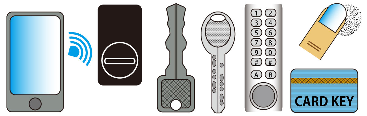 ギザギザキー、ディンプルキー、ウェーブキー、特殊錠、マグネットキー、円筒錠、ドアノブ、カードキー、指紋認証、スマートロック、スマホカギ、暗証番号、テンキー、キーレックス、南京錠など、様々なカギに対応