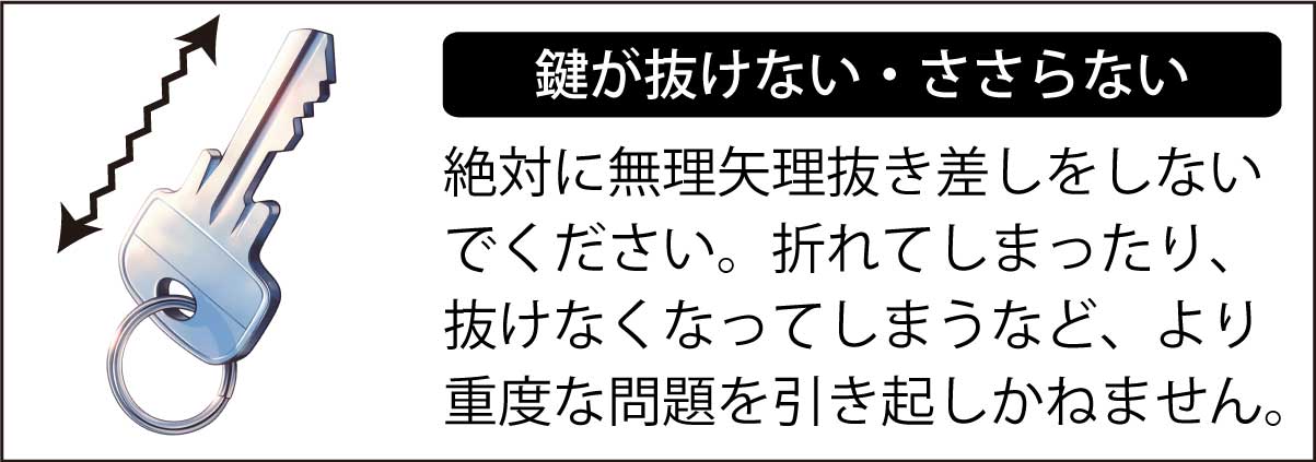 鍵が抜けない・ささらないときは、絶対に無理矢理抜き差しをしないでください。折れてしまったり、抜けなくなってしまうなど、より重度な問題を引き起しかねません。